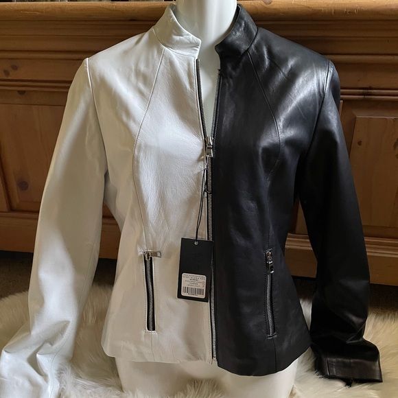Elegant Two-Tone Leather Jacket for Women - Picture 1 of 10